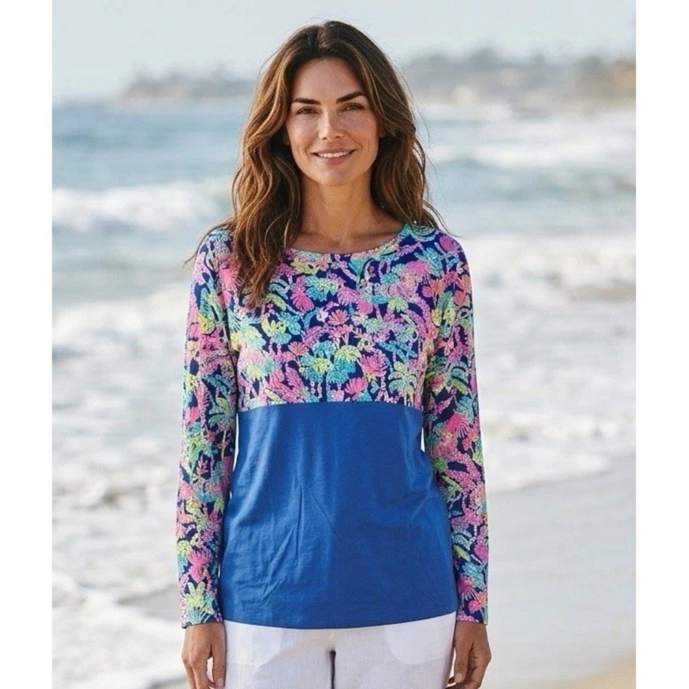 New Lilly Pulitzer Large Finn Top Seen Herd Oyster Bay Blue Shirt Size L T Shirt